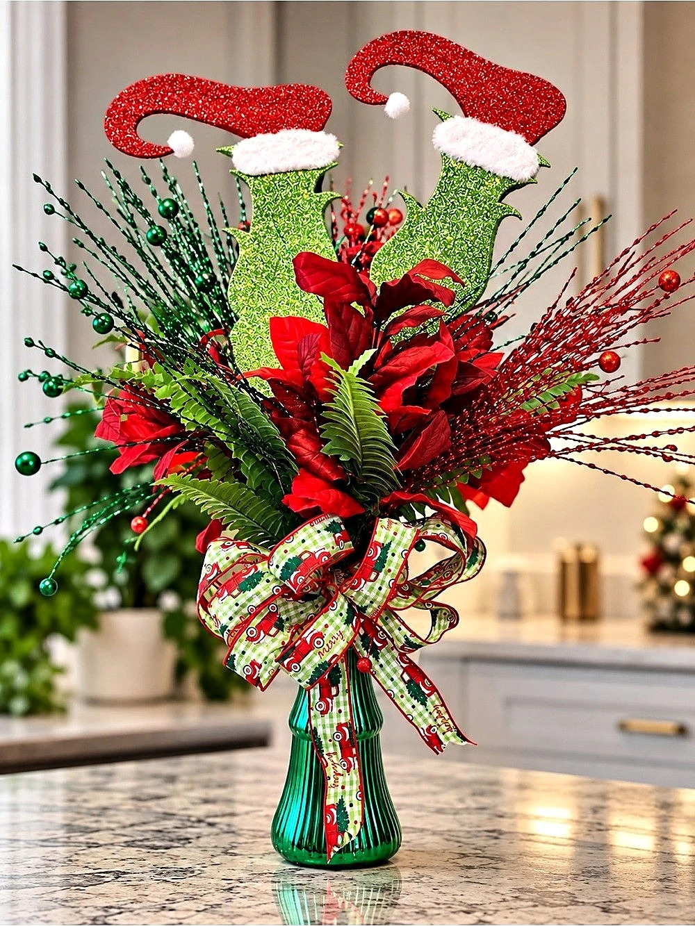 ๐ HANDMADE WHIMSICAL CHRISTMAS ELF LEGS FLORAL CENTERPIECE ๐